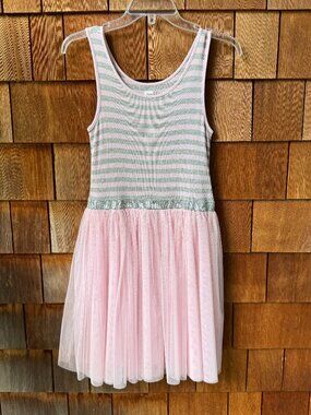 NWOT GAP Pink/Gray Striped Sleeveless Dress with Ballet Skirt in Kids XXL 14-16